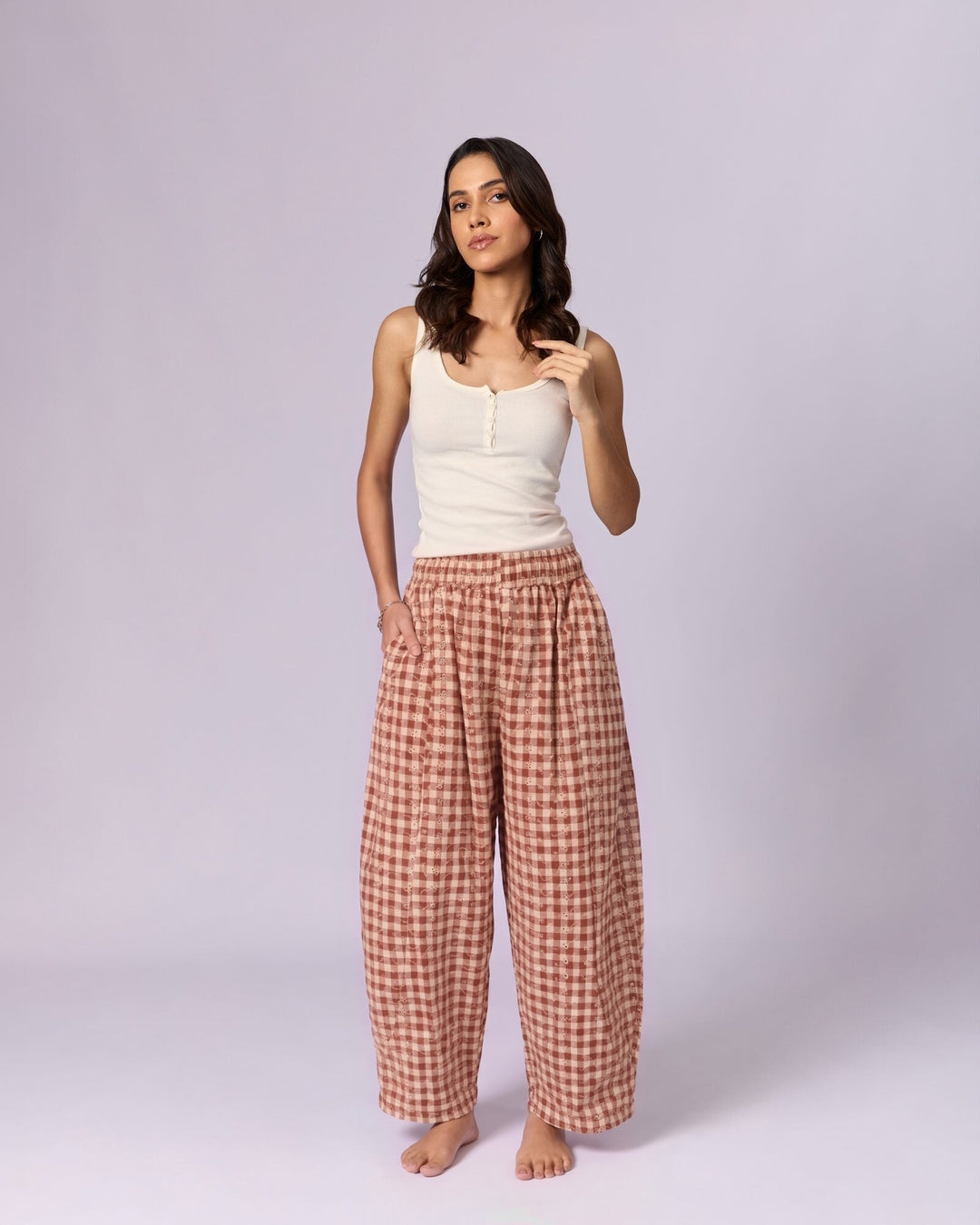 Women's Schiffli Wide-Leg Cotton Trousers - Rust & Cream - view 2 of 7