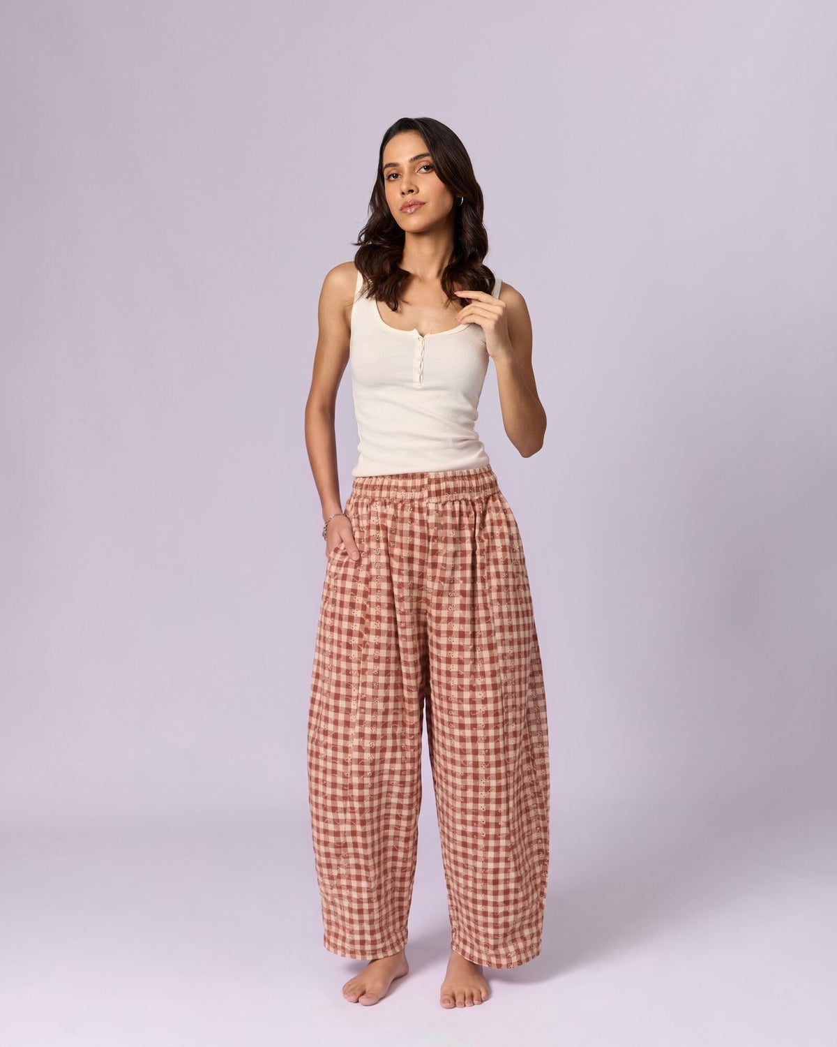 Women's Schiffli Wide-Leg Cotton Trousers - Rust & Cream - view 2 of 7