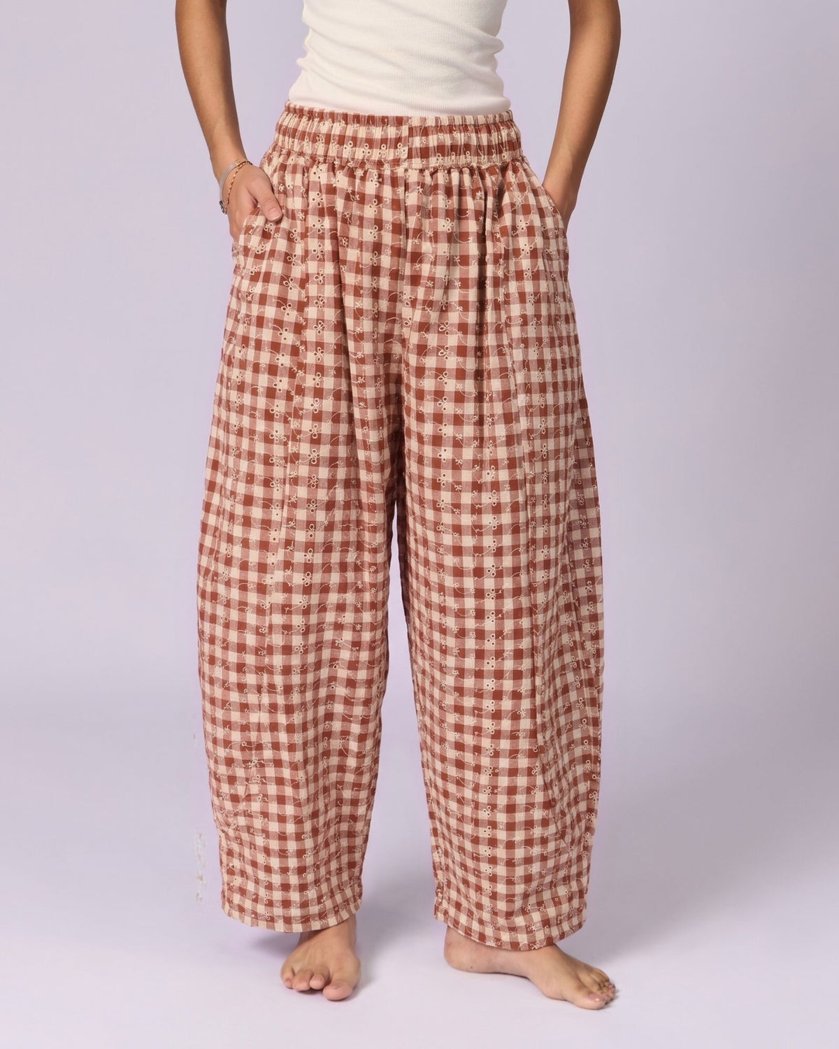 Women's Schiffli Wide-Leg Cotton Trousers - Rust & Cream - view 3 of 7