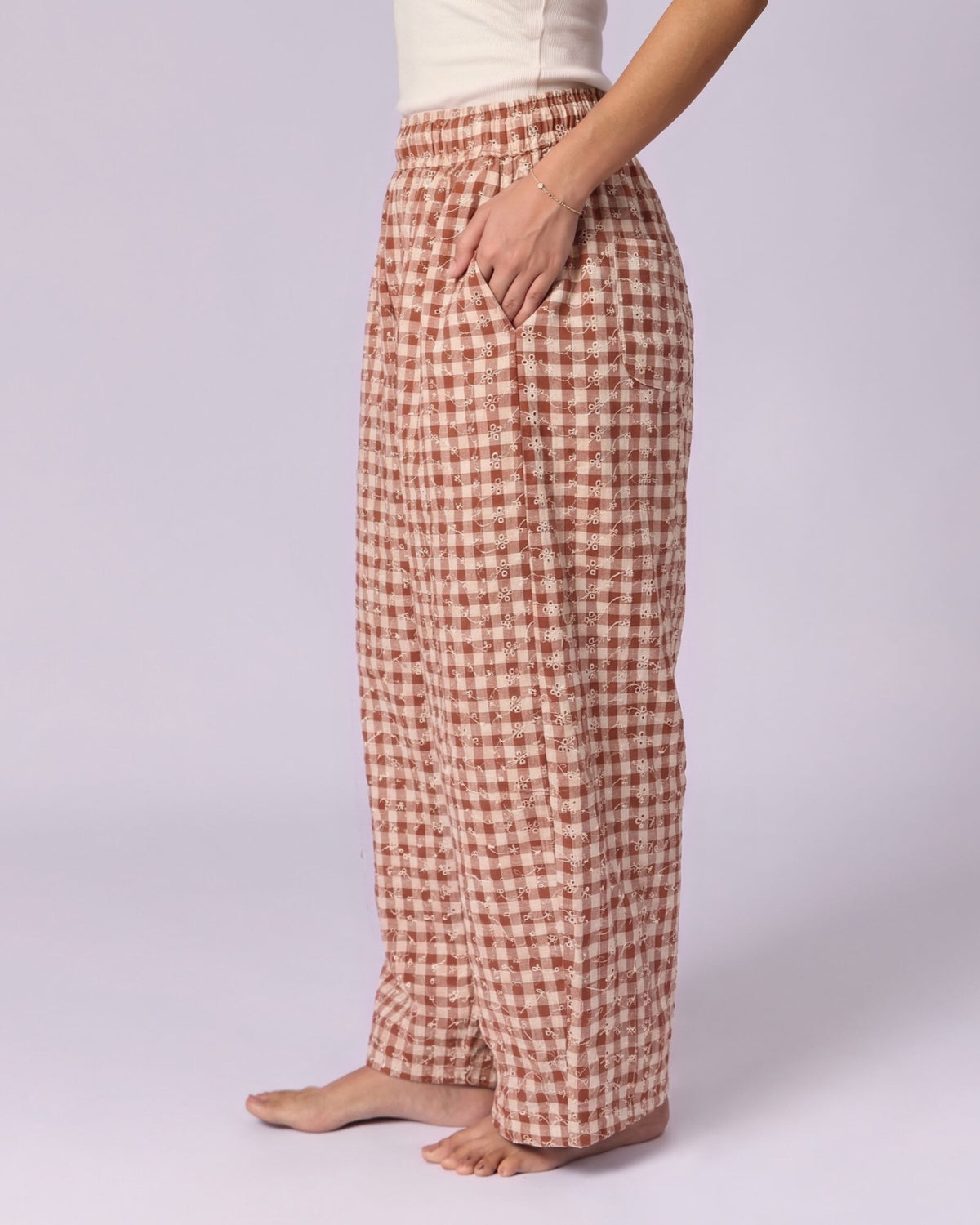 Women's Schiffli Wide-Leg Cotton Trousers - Rust & Cream - view 4 of 7