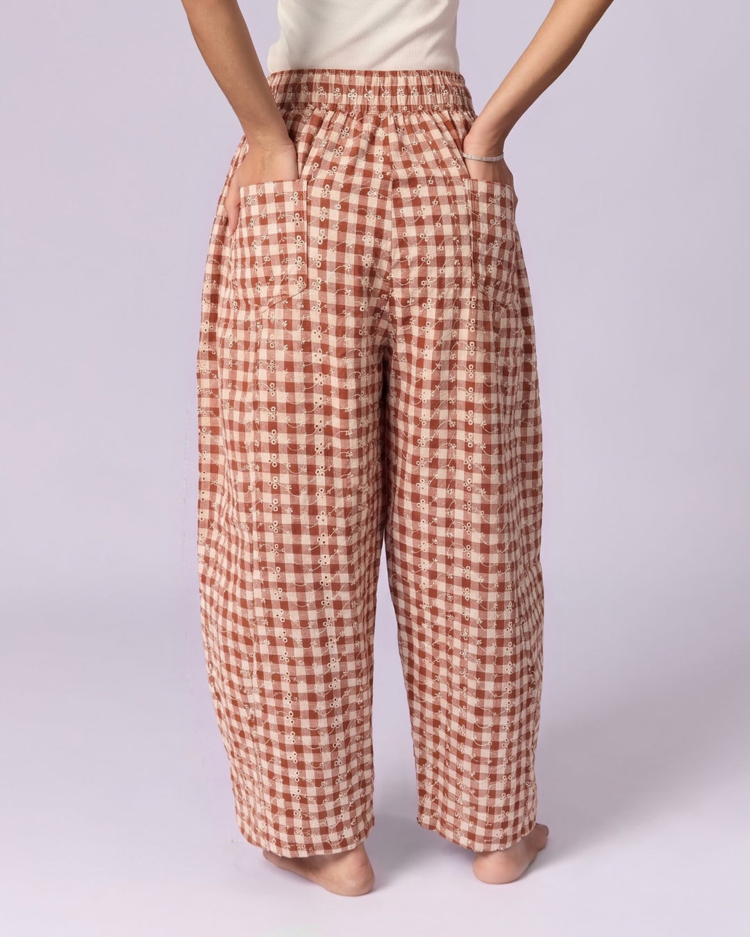 Women's Schiffli Wide-Leg Cotton Trousers - Rust & Cream - view 5 of 7