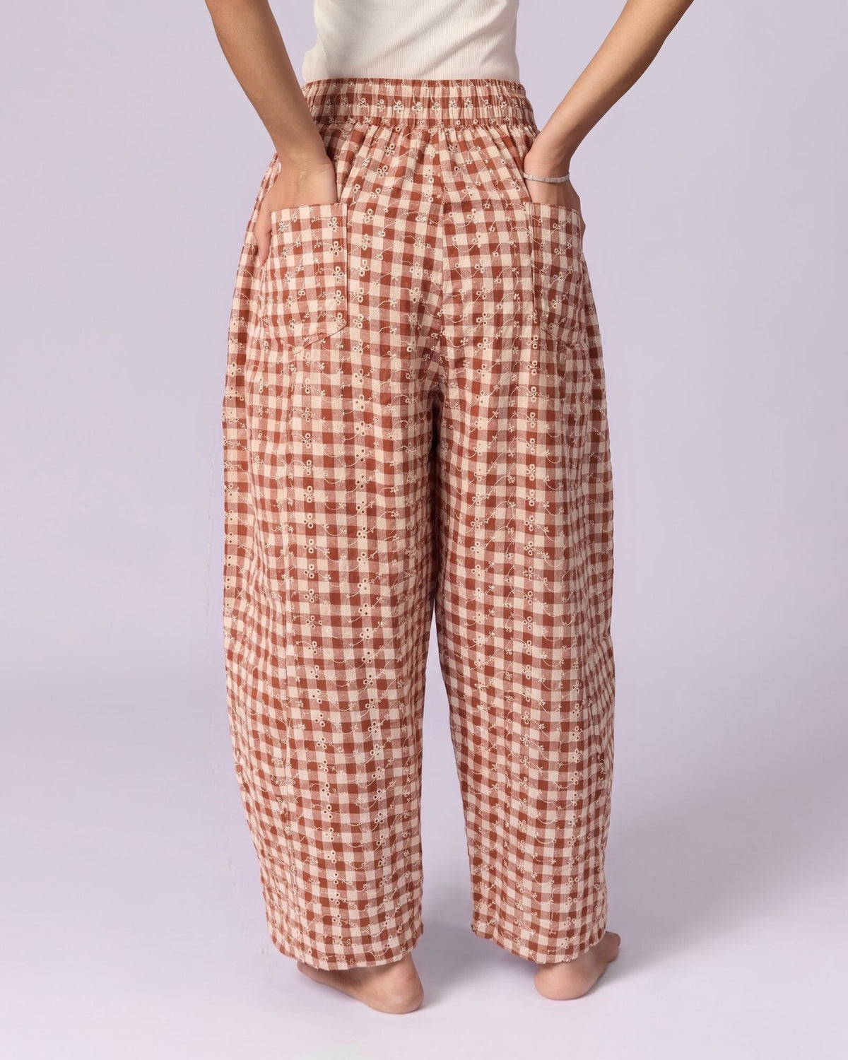 Women's Schiffli Wide-Leg Cotton Trousers - Rust & Cream - view 5 of 7
