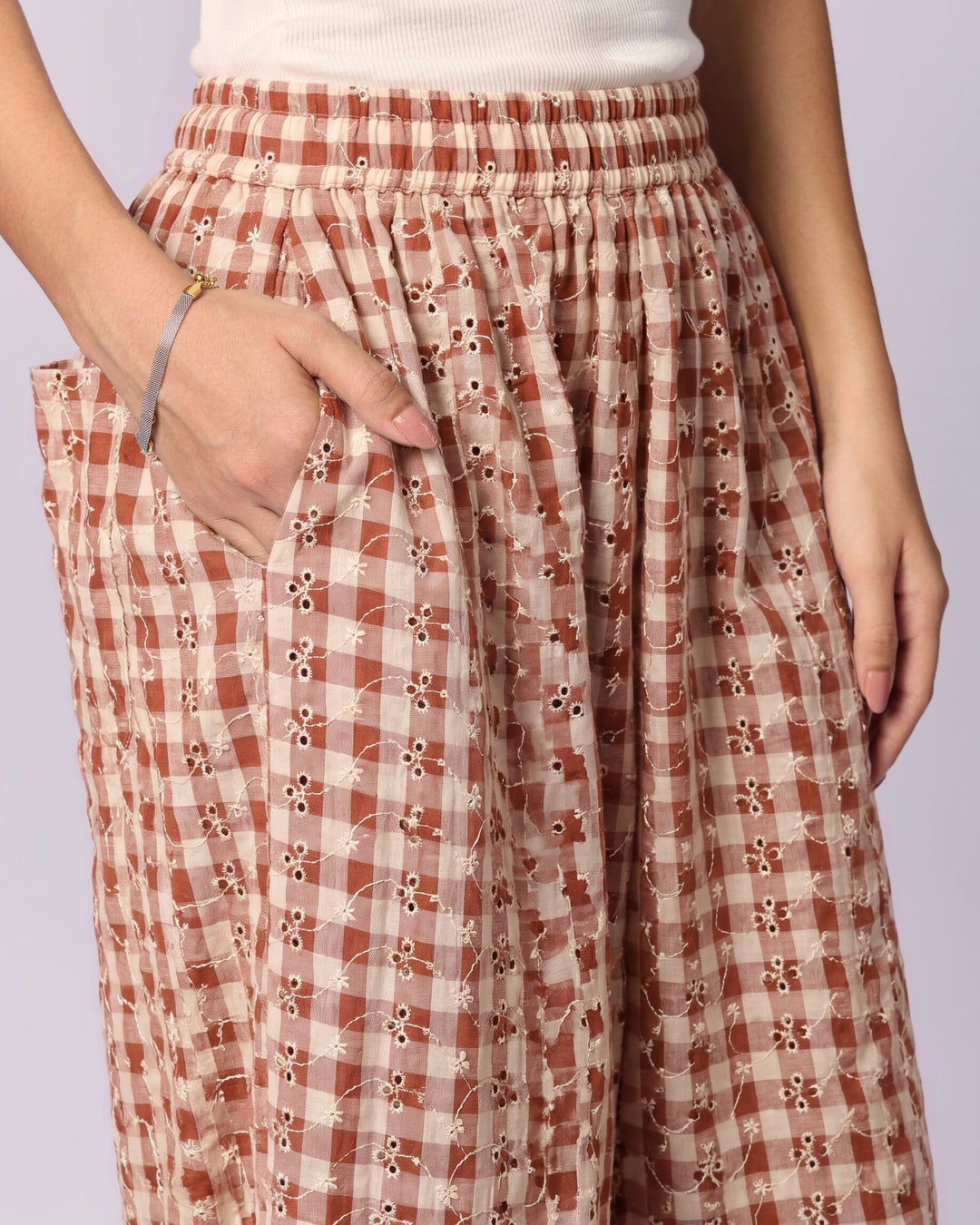 Women's Schiffli Wide-Leg Cotton Trousers - Rust & Cream - view 6 of 7