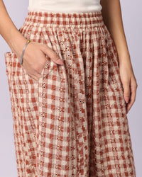 Women's Schiffli Wide-Leg Cotton Trousers - Rust & Cream