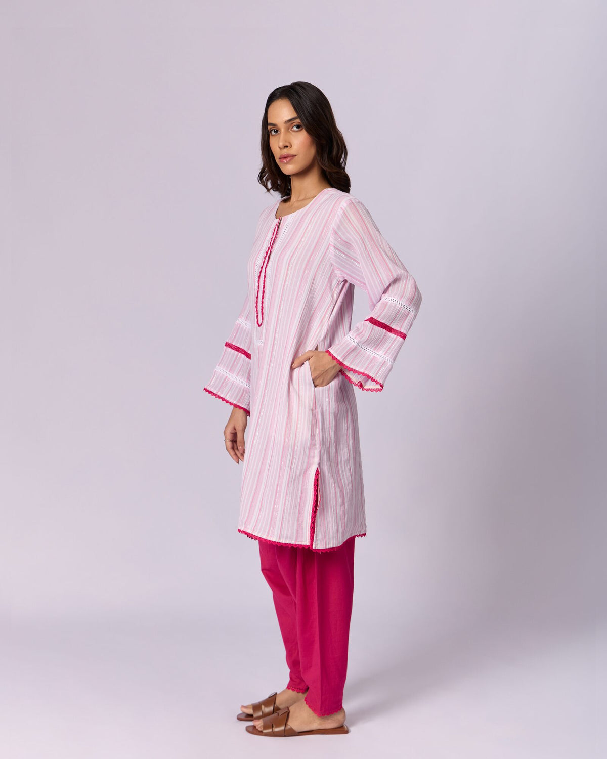 Women's Striped Cotton Kurta - Pink - view 2 of 6