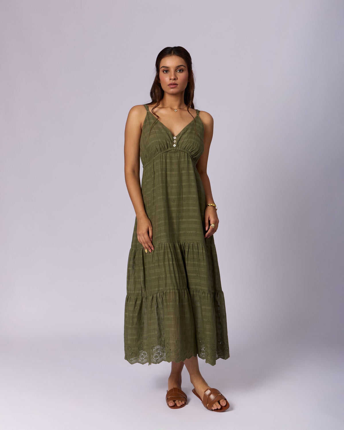 Women's Tiered Cotton Schiffli Maxi Dress - Olive Green - view 2 of 5